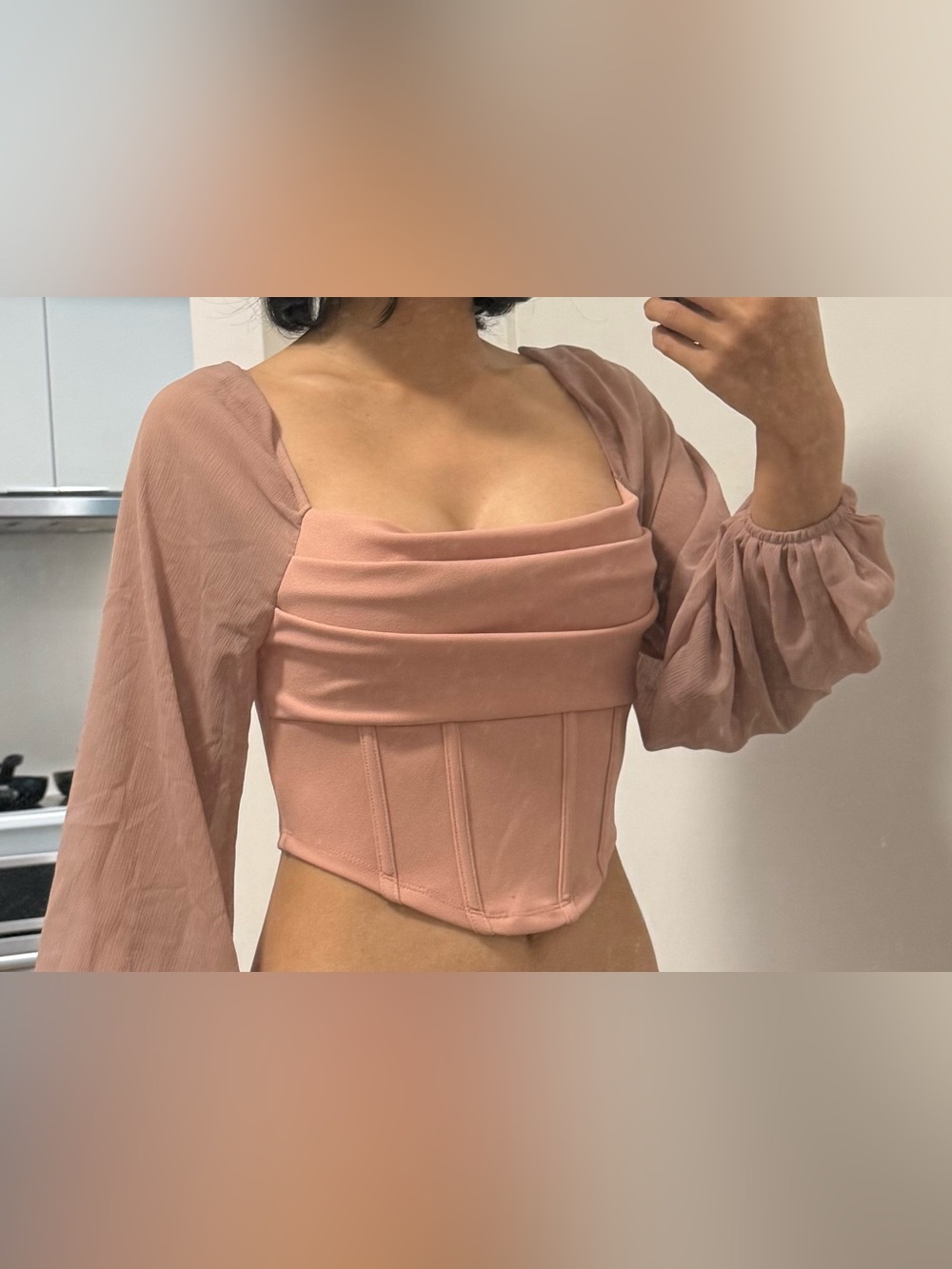 Square Neck Corset Crop Top with Puff Sleeves in Dusty Rose
